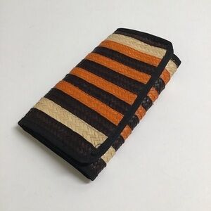 Handmade Woven Straw Wallet Zip Pouch Stripe Clutch Raffia Natural Brown Orange